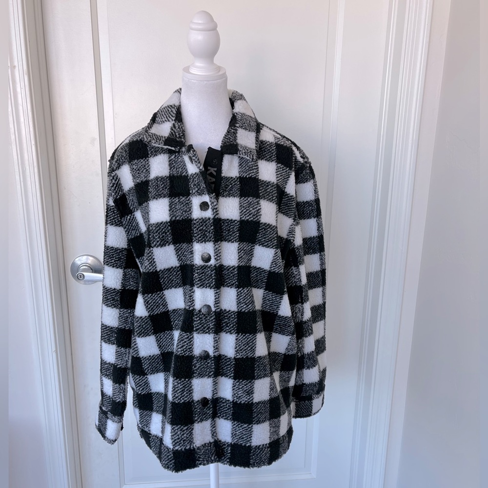 Karl Lagerfeld Plaid Teddy Coat Black White Women’s Size Medium